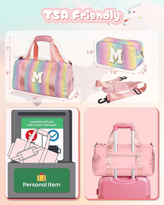 Easter Gifts for Teens Girls-Girl Gym Bag with Shoe Compartment, Kid Personalized Weekender Overnight Bags, Initial Travel Tote with Makeup Pouch, Gift for 3 4 5 6 7 Year Old Kids (Letter T)