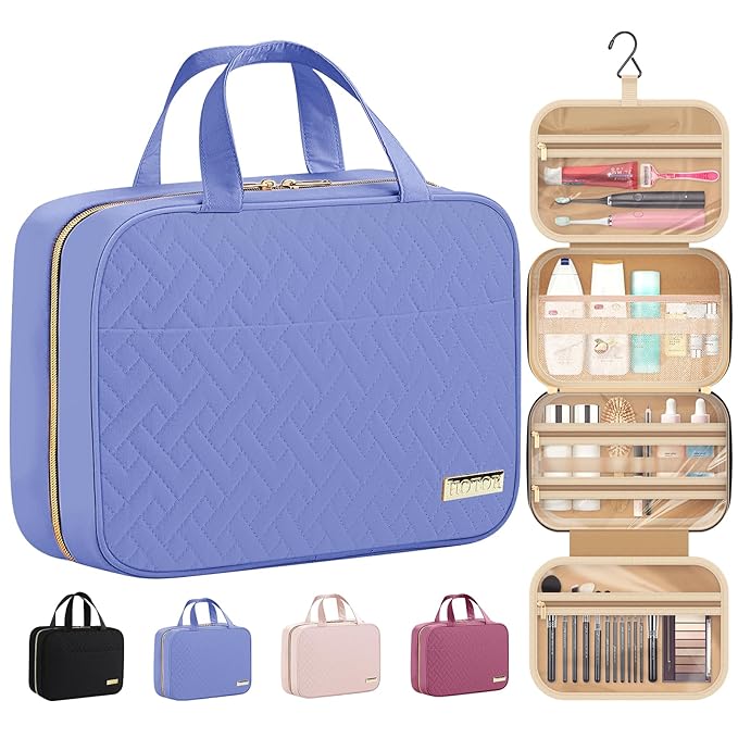 HOTOR Travel Toiletry Bag w/Hanging Hook - Spacious Toiletry Bag Essentials for Women & Men, Makeup Bag/Big Comparment, Waterproof for Travel Accessories, Large, Aegean-Blue
