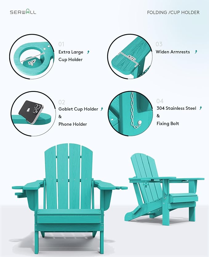 SERWALL Adirondack Chair with Cup Holders - Composite Adirondack Chairs Set of 8 HDPE Outdoor Chairs All Weather Use- Aruba
