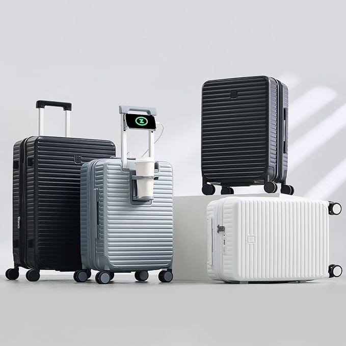 Hard Shell Suitcases Airline Approved 20 Inch Carry on Luggage with Wheels, Expandable Travel Luggage with Cup Holder Charger Built in Lightweight Small Suitcase, Silver
