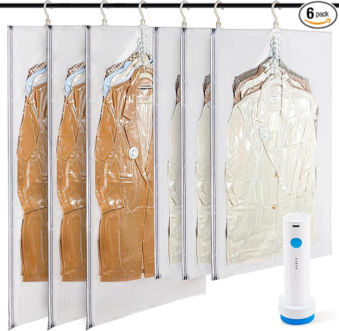 Hanging Vacuum Storage Bags with Electric Pump – 6 Pack (3 Long, 3 Short) Hanging Vacuum Seal Bags for Clothing, Space-Saving Compression Bags for Suits, Jackets, Travel Wear & Coats