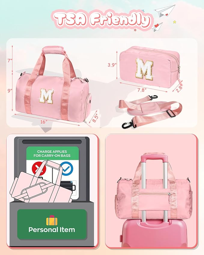 Easter Gifts for Teens Girls-Girl Gym Bag with Shoe Compartment, Kid Personalized Weekender Overnight Bags, Initial Travel Tote with Makeup Pouch, Gift for 3 4 5 6 7 Year Old Kids (Letter T)