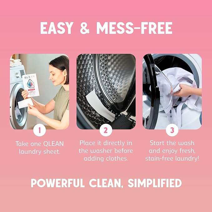 QLEAN Laundry Detergent Sheets (Travel Size 10 Loads) – Travel Laundry Detergent Sheets, Eco-Friendly Laundry Soap, HE & Standard Washer Safe, Stain Remover, Skin-Friendly - Ruby Sunset Bliss