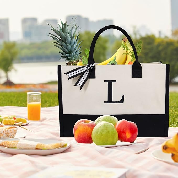 TOPDesign Embroidery Initial Canvas Tote Bag, Personalized Present Bag, Suitable for Wedding, Birthday, Beach, Holiday, is a Great Gift for Women, Mom, Teachers, Friends, Bridesmaids (Letter L)