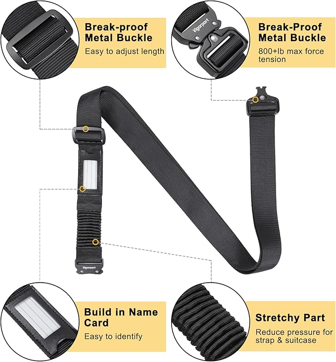 Vigorport Luggage Straps for Suitcases TSA Approved Suitcase Belt, Heavy Duty Metal Buckle Luggage Belt Strap, Stretchable Travel Strap for Luggage 72" Long (2PK)