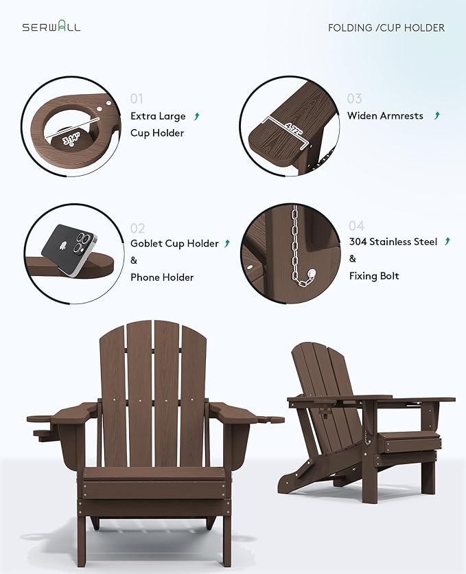 SERWALL Adirondack Chair with Cup Holders - Composite Adirondack Chairs Set of 8 HDPE Outdoor Chairs All Weather Use- Coffee