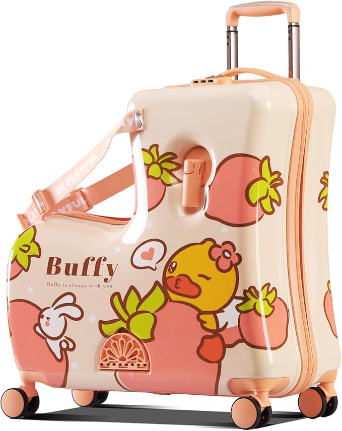 Kids' Lightweight Ride on Luggage with Spinner Wheels & Foldabe Design (Pink Strawberry, 24"+ Aged 3-12 Toddler)