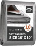 RAINDEWAY Tarps Heavy Duty Waterproof 10x10 Feet, 10Mil Multipurpose Poly Tarp Cover with Metal Grommets and Reinforced Edges, Silver/Brown Tarp
