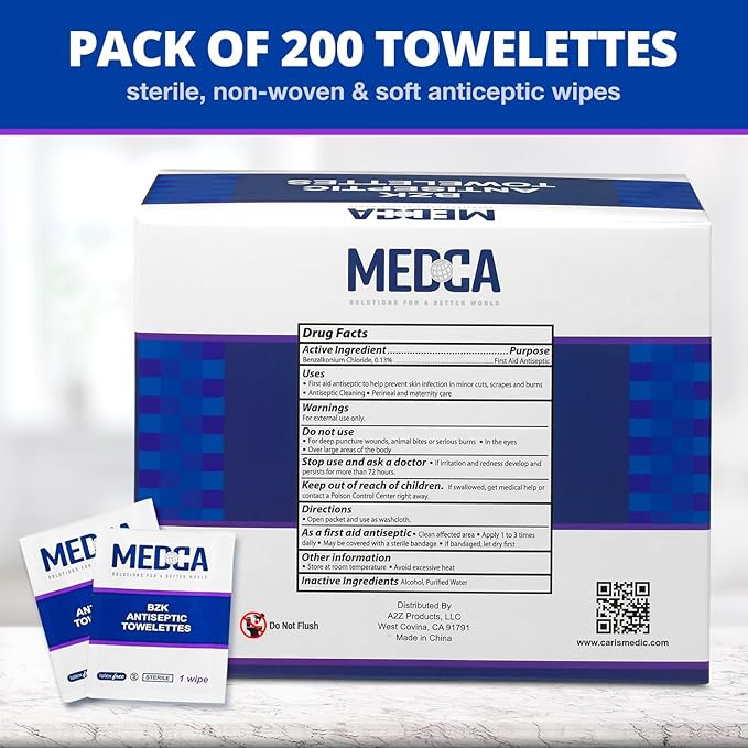 Benzalkonium Chloride Towelletes Hand Wipes – (Pack of 200) Chloride Swabs Individual BZK Single-Use Packets by MEDca 5"x6"