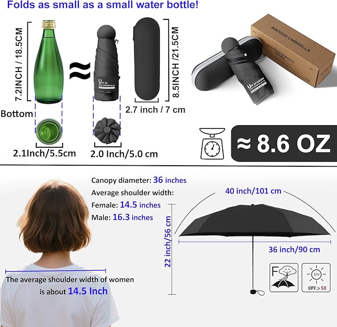 BAODINI Travel Mini Umbrella for Purse With Case Small Compact UV Sun Protection Lightweight Pocket Tiny Umbrella for Women Girls and Men