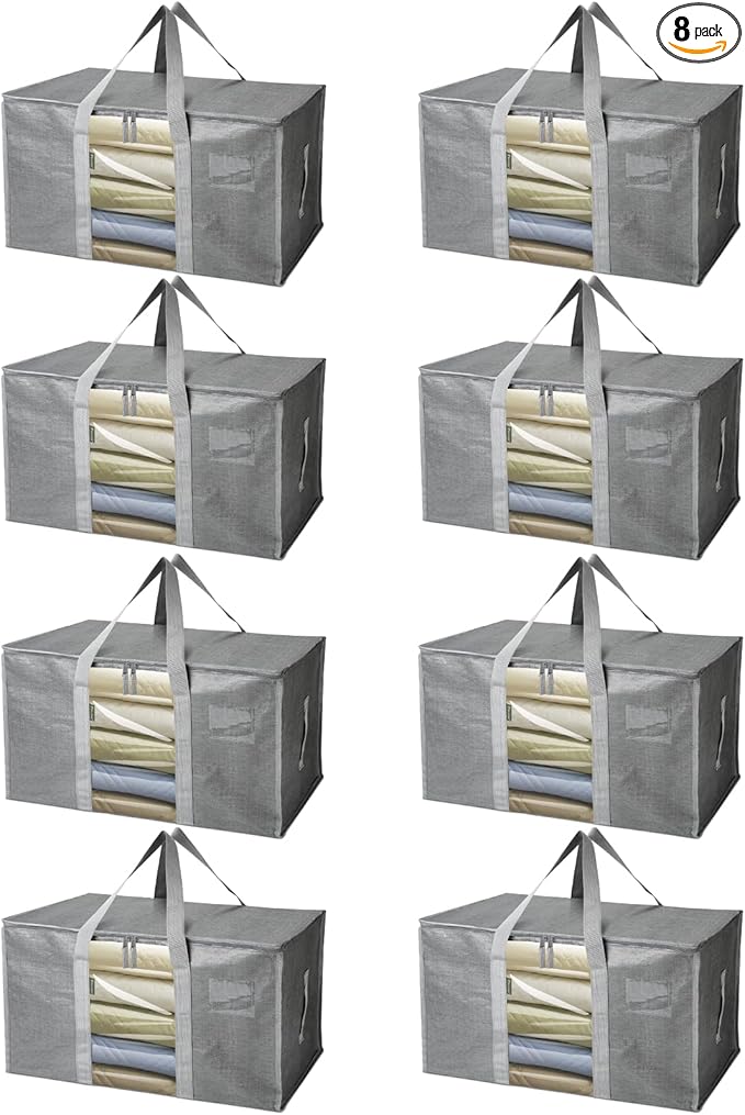 BALEINE 8-Pack Oversized Moving Bags with Reinforced Handles, Heavy-Duty Storage Tote for Clothes, Moving Supplies (Grey with Window, 8 Pack)