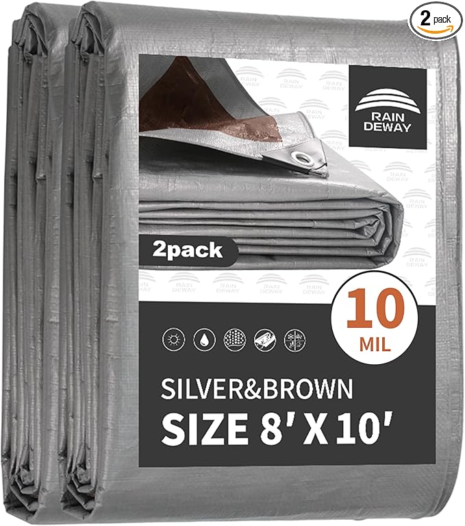 Tarps Heavy Duty Waterproof 8x10 Feet (2 Pack), 10Mil Multipurpose Poly Tarp Cover with Metal Grommets and Reinforced Edges, Silver/Brown Tarp by RAINDEWAY