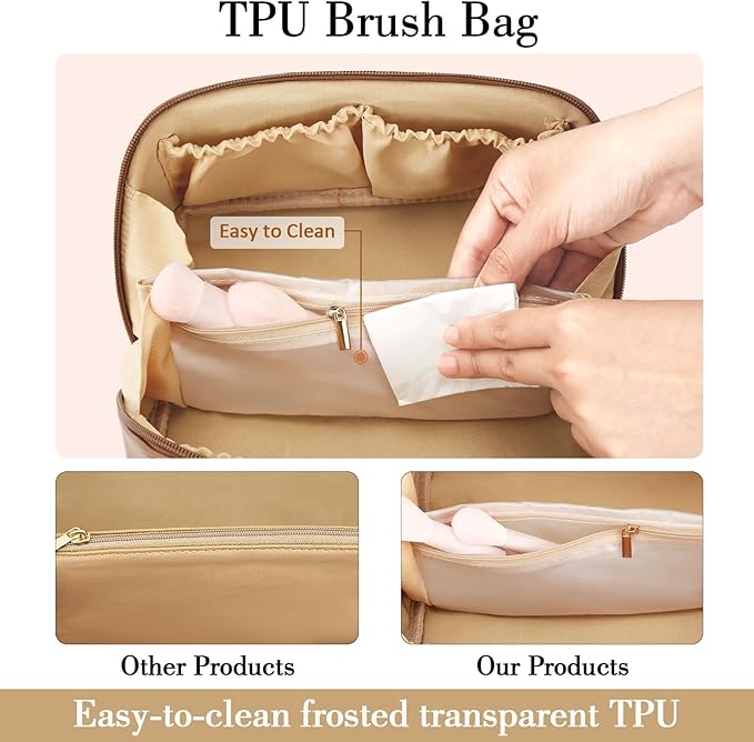 Birthday Gifts for Women Teen Girl, Personalized Initial Makeup Organizer Bag Set, Open Flat Travel Cosmetic Bag With Clear Divider and Handle(Brown,C)