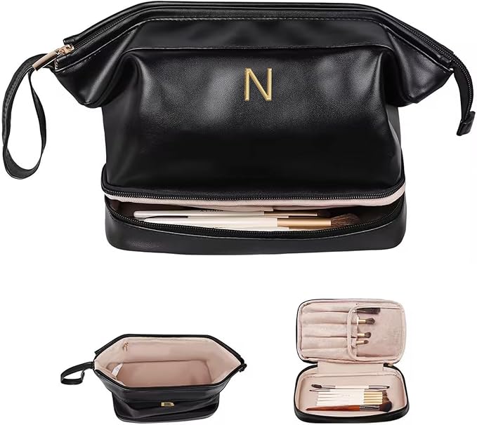 Gift Ideas for Woman Initial Large Makeup Bag, Personalized Birthday Gifts Cosmetic Bag with Makeup Brush Organizer, Waterproof, Large Capacity Travel Toiletry Bag for Women Makeup pouch