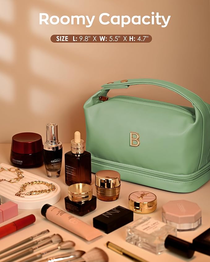 Trendy Gifts for Women, Personalized Makeup Bag with Handle, Initial Double Layer Cosmetic Bag with Makeup Brush Organizer, Cute Cosmetic Pouch for Women, Gifts for Friends Female Mom