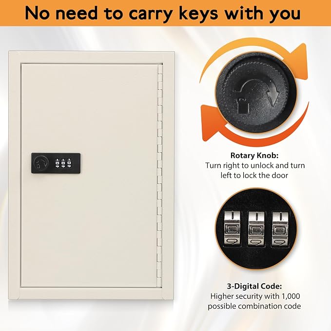 KYODOLED Key Storage Lock Box with Code, 40 Key Holder Wall Mount Cabinet with Combination Lock, Key Hooks & Tags Labels, 2.5" D x 8.1" W x 12.1" H, White