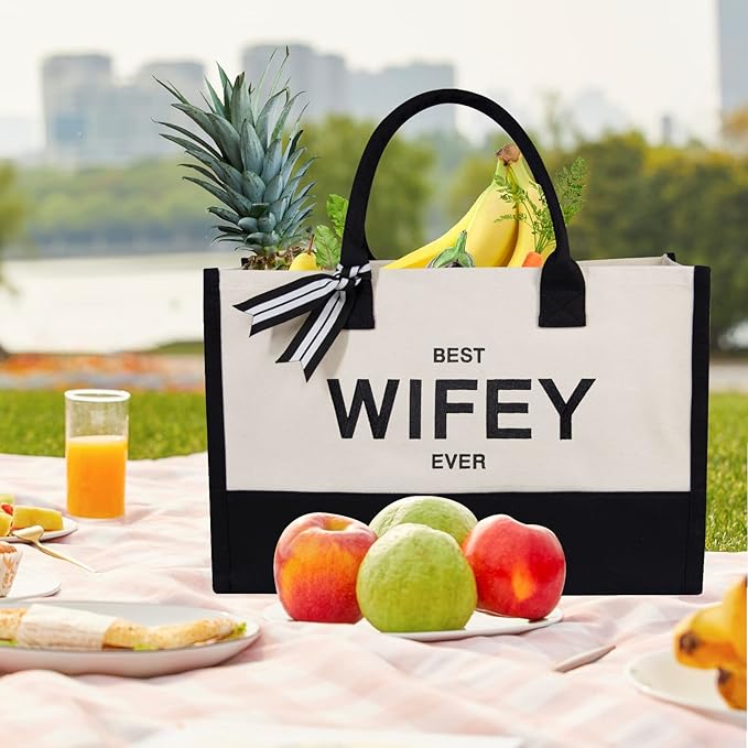 TOPDesign Embroidery Canvas Tote Bag for Women, Gifts for Wife from Husband, Personalized Anniversary Wife's Birthday or Valentine's Day Present, Ideal for Wedding, Beach, Holiday
