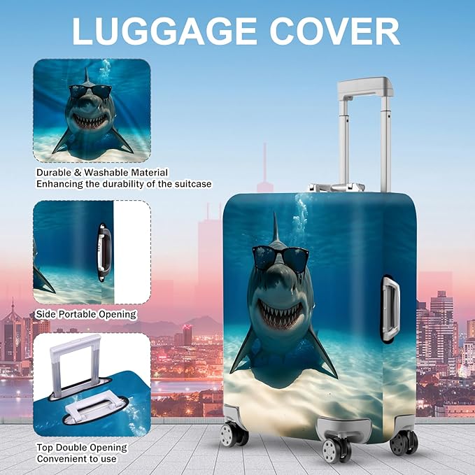 ANNA QUEEN Cool Shark Luggage Cover, Sunglass-Wearing Shark Underwater Design, Stretchable, Washable Travel Protector for 24-26 Inch Luggage