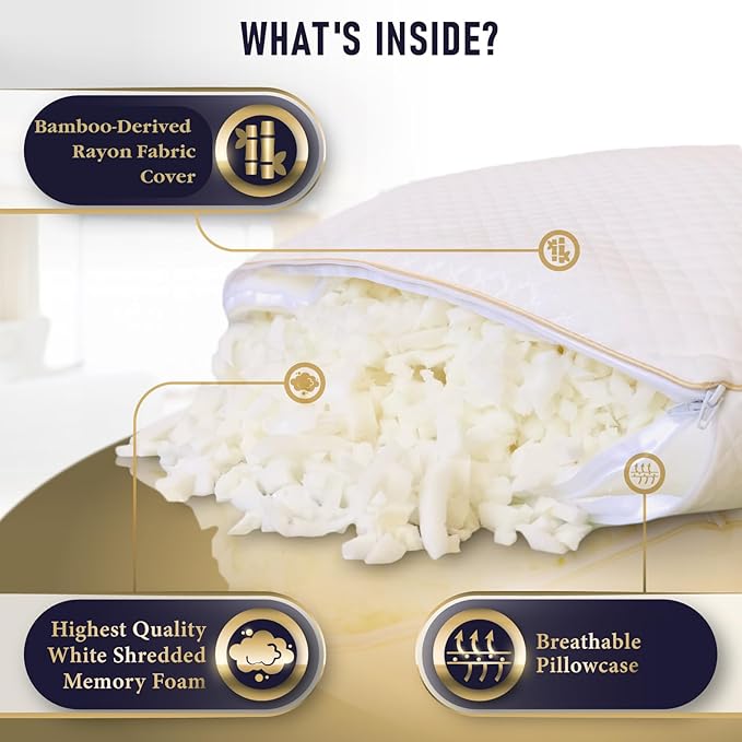 Royal Therapy 2-Pack King Size Pillows, Memory Foam Pillow - Shredded Foam, Hypoallergenic Bamboo-Derived Rayon Cover, CertiPUR-US Certified, Removable Cover, for All Sleep Positions, Neck Pain Relief