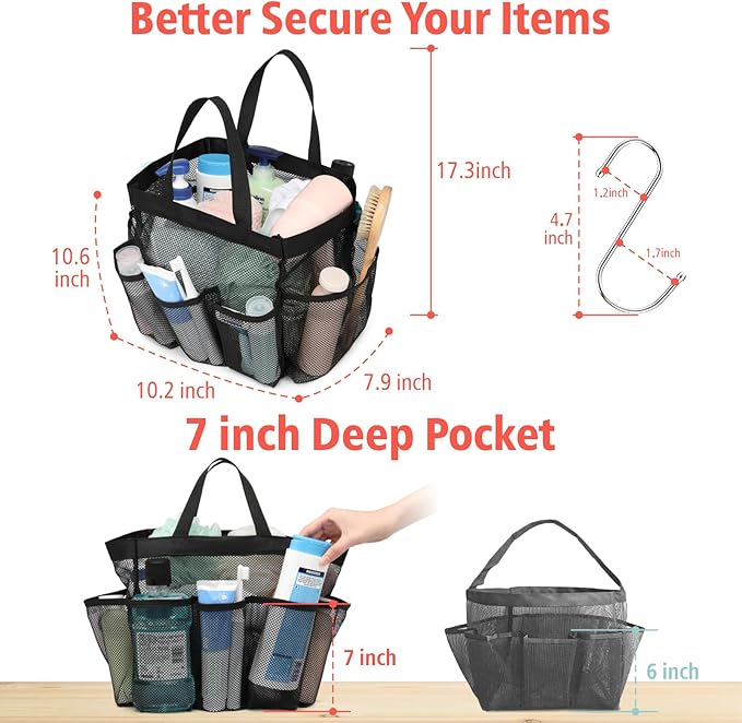 F-color Mesh Shower Caddy Portable, Upgrade Deeper 7 Pockets Shower Bag Basket Tote for College Dorm Room Bathroom Essentials Gym Camp Quick Dry 2 handles with S Hook, 2 Pack Black