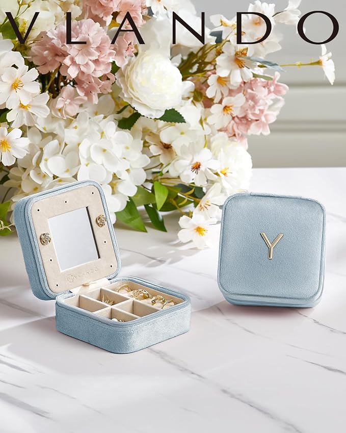 Vlando Wedding Gifts for Women, Jewelry Box, Bridal Shower Gifts, Bridesmaid Gifts for Wedding Day Bride Gifts, Personalized Jewelry Case - Letter D, Blue