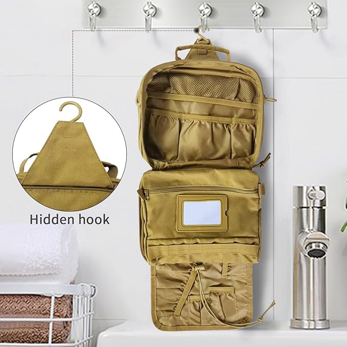Toiletry Bag for Men Travel, Men's Hanging Toiletry Bag, Portable Dopp Kit Organizer with Hook - Shaving Bag, Tactical Travel Essentials Khaki（No molle）