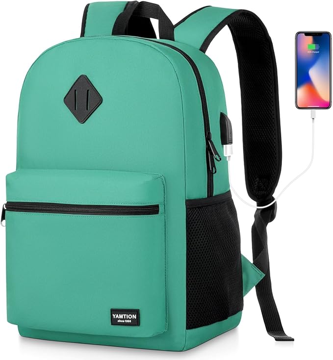 17 Inch School Backpack for Teens,Green Bookbag Classic Backpack with USB Port for High School College Students