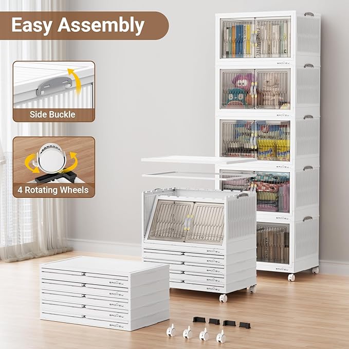 BROVIEW 500Qt Stackable Storage Bins with Lid, Extra Large Closet Organizer Collapsible Drawer Boxes with Wheels, Folding Plastic Cabinet Containers for Home Kitchen Room Organization, 5Pack White