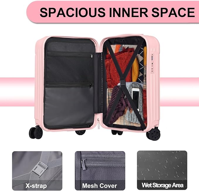Krute Luggage Sets 2 Piece Suitcase with Spinner Wheels PC+ABS Hardside Suitcases Charging Port TSA Lock Carry On Luggage with Cup Holder 20+28 Inch