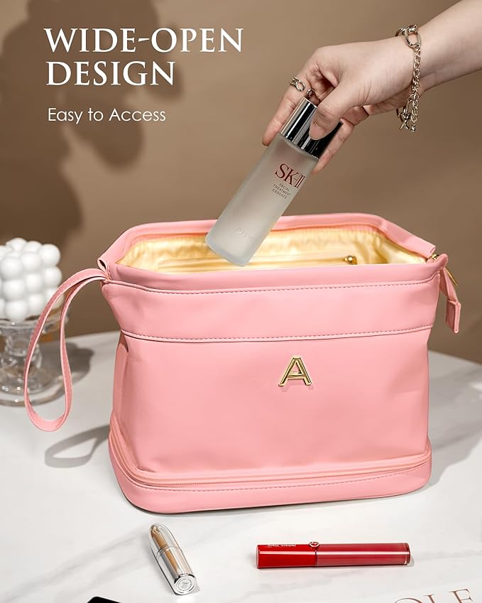 Initial Makeup Bag, Personalized Large Capacity Cosmetic Bag with Makeup Brush Organizer, Waterproof, PU Leather Pink Makeup Pouch Travel Skincare Bag, with 1 Drawstring Toiletry Organizers