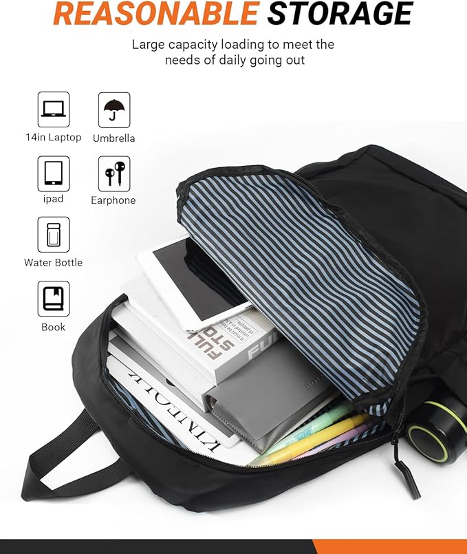 Multi-Pocket Laptop Backpack, 24L Capacity, Fits 14-inch Laptop, 16.9x12.6x5.5 inches, 1.1 lbs, Black/Navy/Gray (Black)