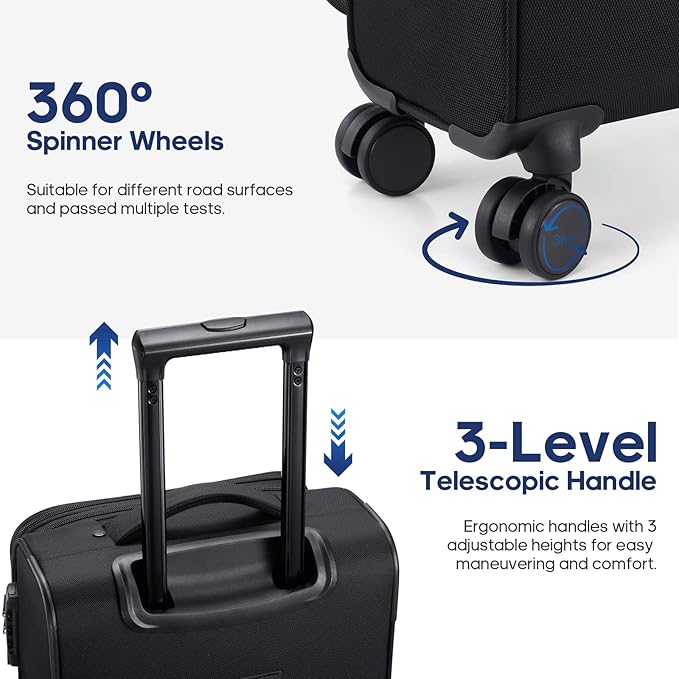 UKEIN Softside Expandable Carry On Luggage 22x14x9 Airline Approved, 20 Inch Carry On Suitcase with Wheels & TSA Lock, Travel Suitcase with 4-Piece Packing Bags for Women Men