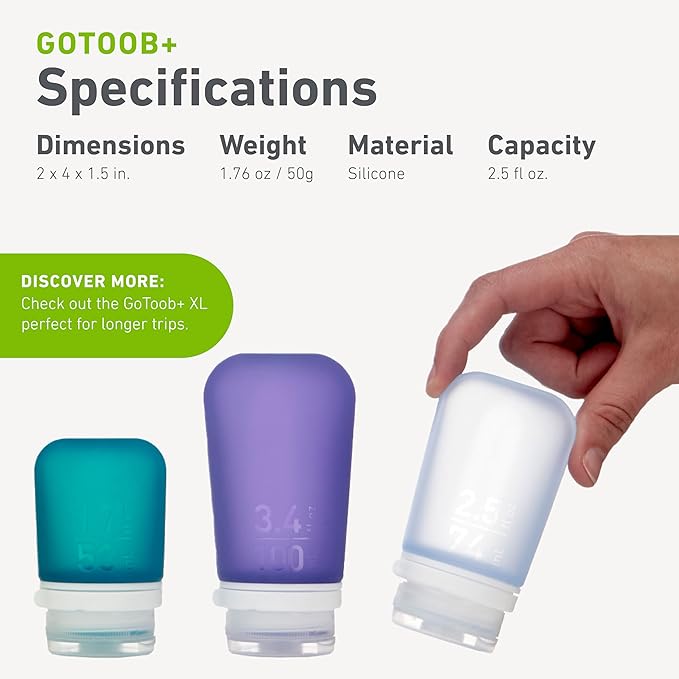 humangear GoToob+ 3-Pack (Medium) | Refillable Silicone Travel Bottle | Locking Lid | Food-Safe Material | Mint/Aqua/Teal, Medium (2.5 fl.oz.; 74ml)