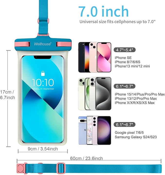 wellhouse Waterproof Phone Pouch, Waterproof Phone Case for iPhone 16 15 14 13 12 Pro Max XS Samsung, IPX8 3D Cellphone Dry Bag Beach Essentials (1 Pack - Luminous Blue7.0, 7 inch)