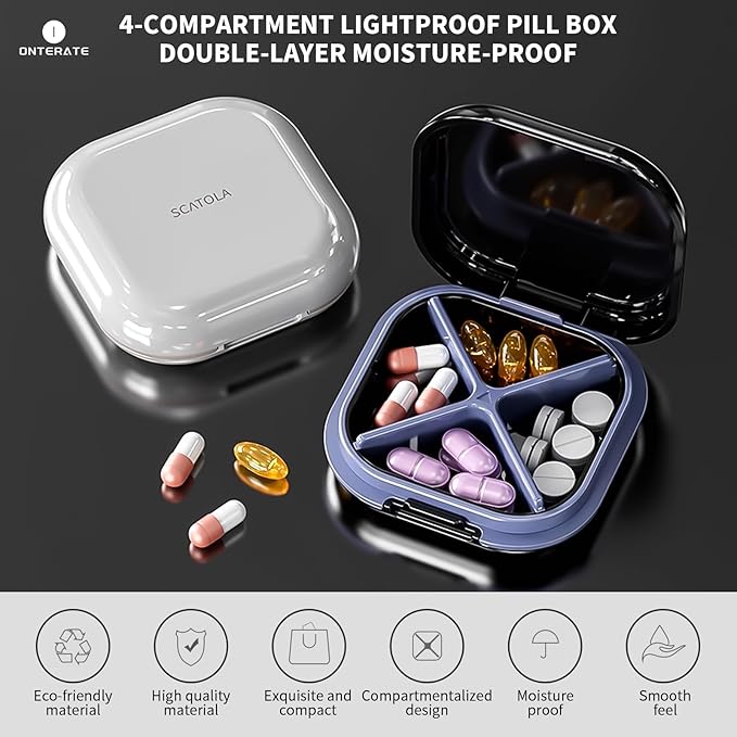 Small Pill Case, Travel Pill Box, Portable Pill Organizer, Pill Container for Pocket 4 Compartments, Daily Compact Travel Medicine Holder for Vitamins Medication (Black)