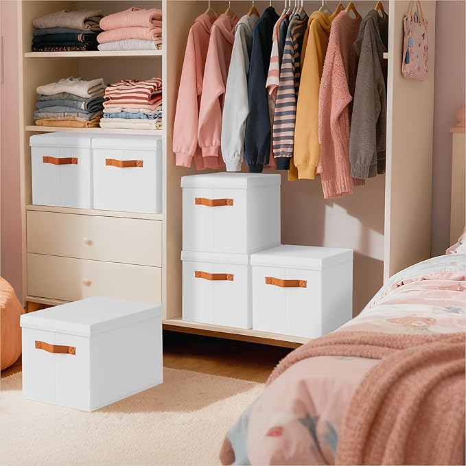 Storage Bins with Lids - Large Fabric Closet Bins with Lid, 8 Pack Clothes Organizers and Storage, Collapsible Stackable Cube Basket for Home, Office, Dorm, White