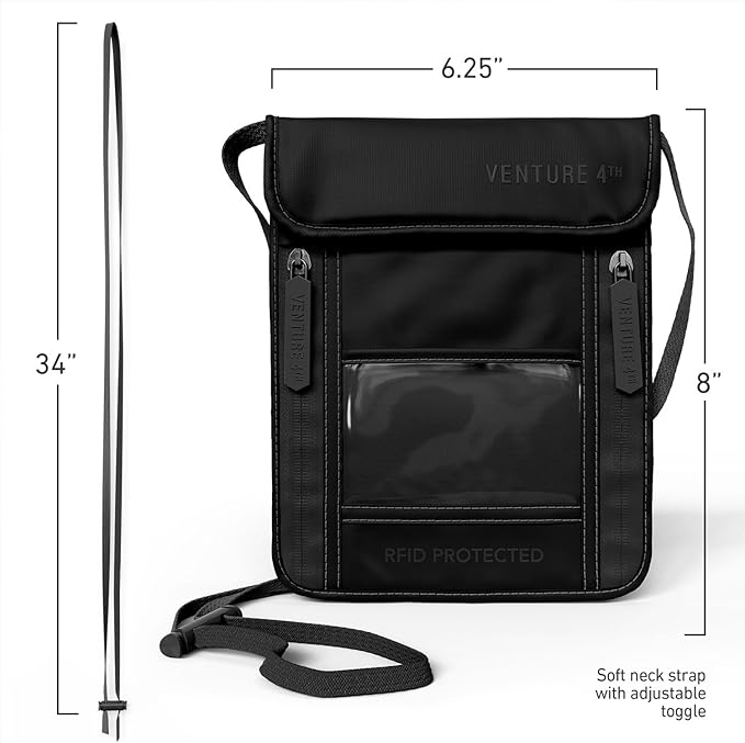 VENTURE 4TH Passport Holder Neck Wallet with RFID Blocking Nylon Lining - Hidden Neck Pouch for Travel (Sleek Black)