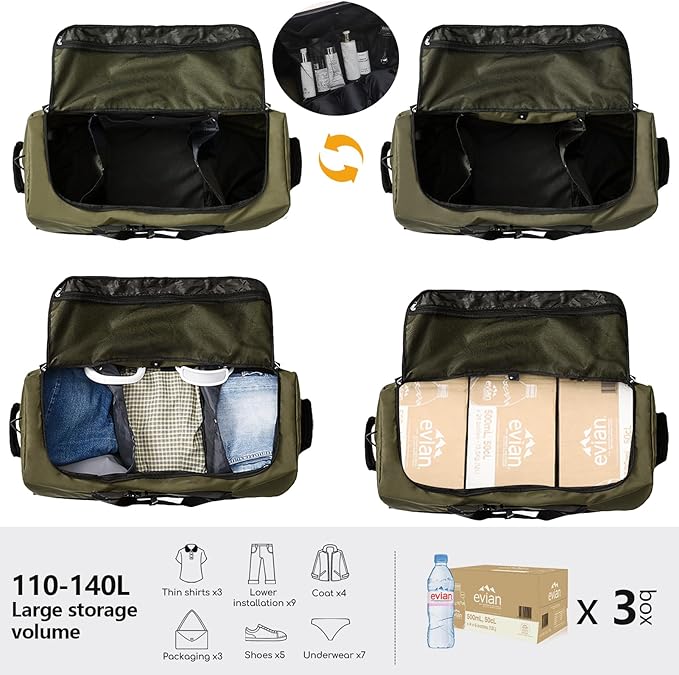 CONTAIL 32" Soft-Sided Rolling Duffle Bag with 2 Wheels,Expandable from 110L to 140L, Foldable Travel Duffel with Multiple Compartments,Army Green