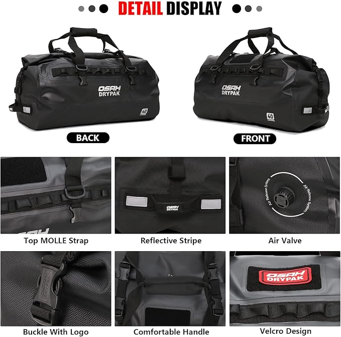 Waterproof Duffel Bag - Motorcycle Dry Bag 40L Tail Bag with Large Storage Space, Waterproof Duffle Bags with Outer Mesh Zipper Pocket for Camping, Kayaking, Fishing & Traveling-Green