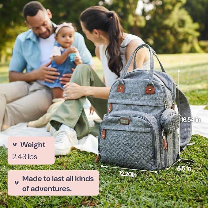 BabbleRoo Diaper Bag Backpack - Baby Essentials Travel Tote - Multi Function Water Resistant Diaper Bag, Travel Essentials Baby Bag with Changing Pad, Stroller Straps & Pacifier Case - Pink Birdy