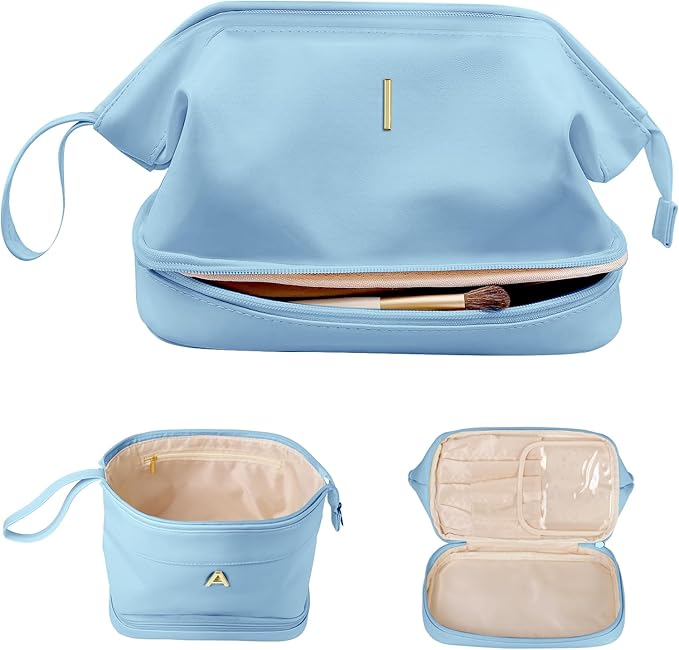 Travel Essentials for Women, Initial Makeup Bags, Personalized Double Layer Cosmetic Bag with Makeup Brush Organizer, Birthday Gifts for Girls-Girl Graduation Gifts