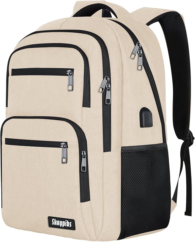 Backpck for Women, School backpacks for Girls Boys Teen, 15.6 inch Laptop Back Packs with USB Charger Port, Mochilas for Business, College, Beige