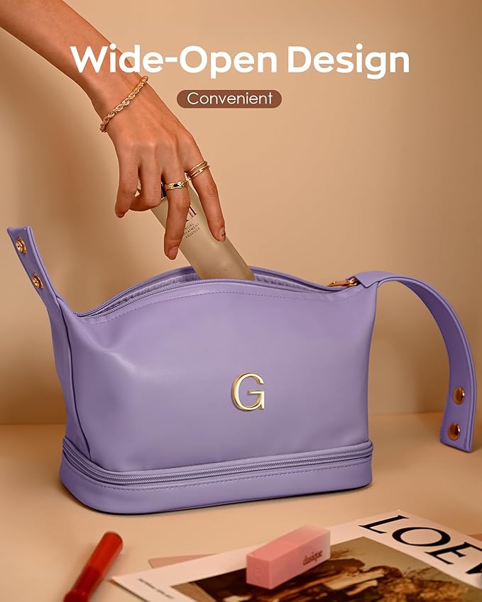 Personalized Makeup Bags， Personalized Bags with Handle, Waterproof Double Layer Cosmetic Bag, Large Capacity PU Leather Makeup Bags Letter Travel Toiletry Bag with Makeup Brush Organizer