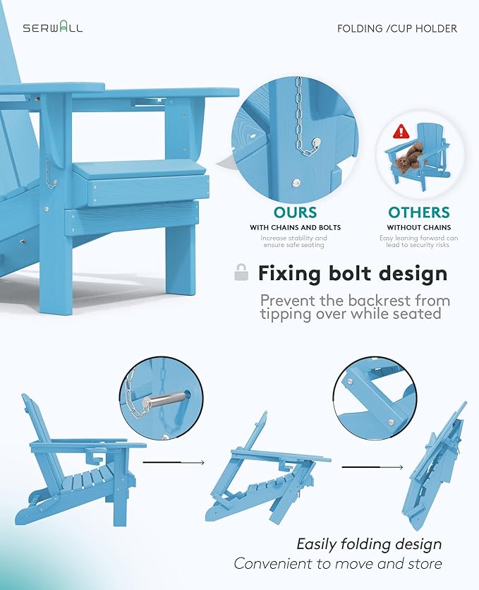 SERWALL Adirondack Chair with Cup Holders - Composite Adirondack Chairs HDPE Outdoor Chairs All Weather Use- Light Blue