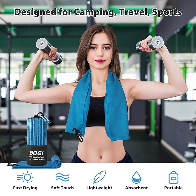 BOGI Microfiber Quick Dry Travel Sports Towel, Blue, 60"x30"+16"x16"
