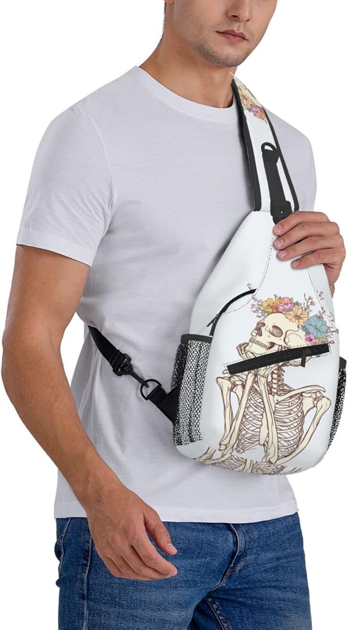 SUPLUCHOM Sling Bag Skeleton Flower Skull Hiking Daypack Crossbody Shoulder Backpack Travel Chest Pack for Men Women