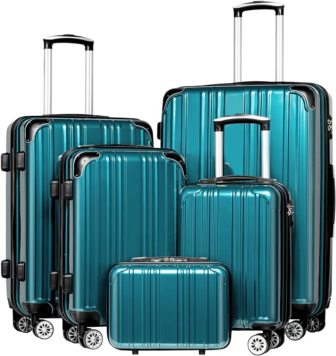 Coolife Luggage Expandable 5 Piece Sets PC+ABS Spinner Suitcase 20 inch 24 inch 28 inch (green new)