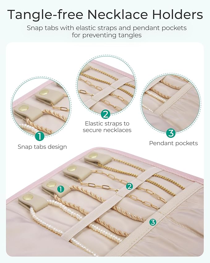 BAGSMART Travel Jewelry Case Organizer, Roll Foldable Jewelry Case for Journey-Rings, Necklaces, Earrings, Bracelets, Brooches, Portable Travel Essentials, Elegant Soft Beige