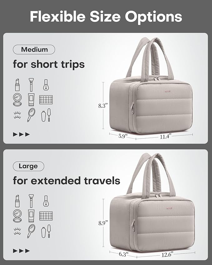 HOTOR Travel Toiletry Bag - Wide-Open Toiletry Bag for Women, Multi-Pocket Makeup Bag for Travel Essentials, Wet & Dry Separation Travel Accessories for Trip, Gym, 11.4" x 5.9" x 8.3", Light Taupe