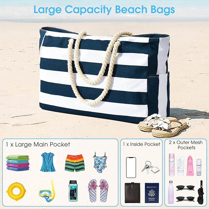 Becokan Beach Bag Large Beach Tote Bag for Women Waterproof Sandproof Swim Pool Bag With Zipper